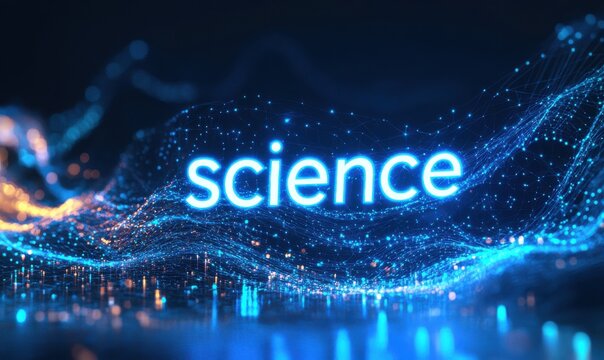 Futuristic science logo with glowing network design and digital particles in a dynamic technology concept