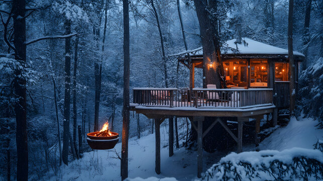 A treehouse with a cozy fire pit on the deck surrounded by snowcovered trees in a winter landscape.