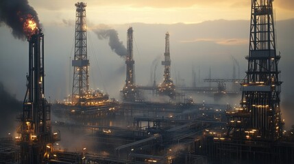 Fototapeta premium Oil Rig with Burning Flare and Smoke at Sunset