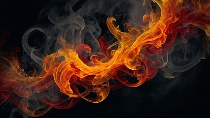 Digital abstract artwork with a dynamic and vibrant display of swirling flames and smoke side by side on an solid black background, fiery fire backdrop