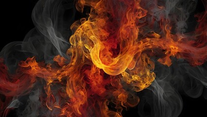 Fototapeta premium Digital abstract artwork with a dynamic and vibrant display of swirling flames and smoke side by side on an solid black background, fiery fire backdrop