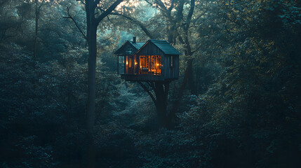 A treehouse with a hidden reading nook set high in the treetops with a panoramic view of the forest.