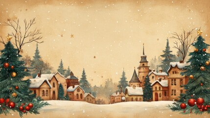 Fototapeta premium Merry Christmas, Happy New Year vintage greeting card. Flatlay with place for text. Background, poster template in Xmas and Noel style. Beautiful nostalgic craft design and layout.