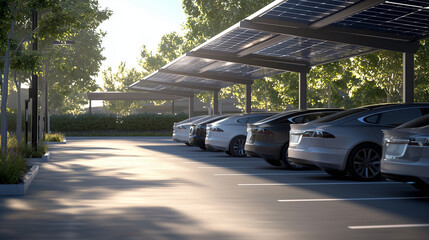 advanced parking lot where each space is shaded by modern solar panels with a sleek, metallic design. The scene showcases the high-tech photovoltaic structures in action, generatin