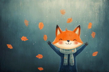 Obraz premium A happy fox standing with outstretched arms, enjoying the falling autumn leaves, ideal for autumn and festive themes.