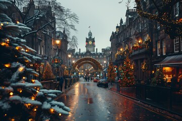 Fototapeta premium A charming winter evening in Edinburgh with festive lights illuminating the historic city streets during the holiday season