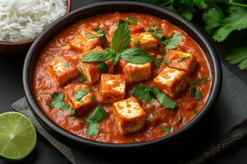 Delicious paneer tikka masala served with fragrant basmati rice and fresh herbs on a vibrant dining table