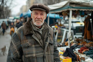 Obraz premium A Portrait of Resilience: Elderly Man at a Bustling Market