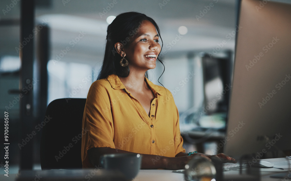 Poster night, computer and business woman in office for networking, communication or administration. audito