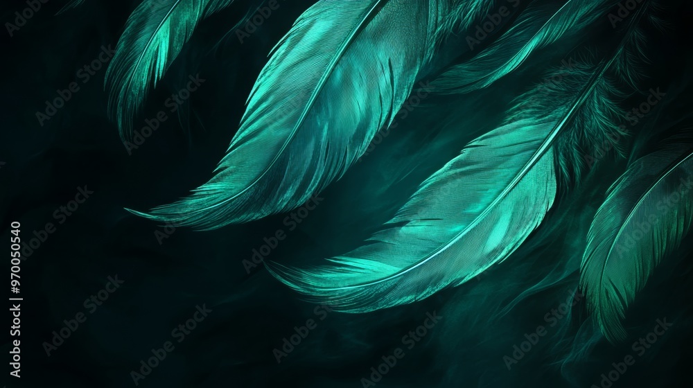 Wall mural Close-up of green feathers on dark