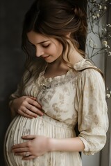 Fototapeta premium a woman gently touches her pregnant belly, an elegant, vintage-inspired dress, peaceful, softly lit, serene and intimate atmosphere. warmth and calmness of the moment