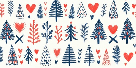 Scandinavian folk art pattern with trees and hearts - ideal for holiday and print design.