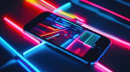 Smartphone showing colorful social media post promoting Cyber Monday, neon colors