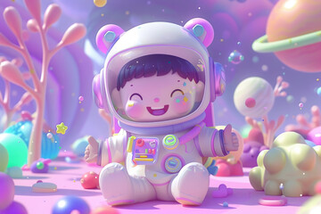 The joyful child in an astronaut outfit enjoys playing in a fantastical alien world with colorful trees and playful planets