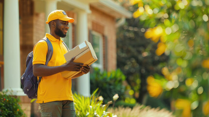 A delivery person wearing a yellow uniform stands at a front door with a package, showcasing a friendly demeanor in bright sunlight