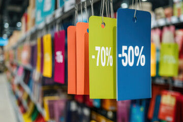 Colorful discount tags with percentages hanging in a retail store aisle offering various sales and promotional offers