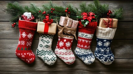 Festive Christmas Stockings Filled with Gifts Hanging by the Fireplace, Perfect for Holiday Celebrations and Seasonal Decorations