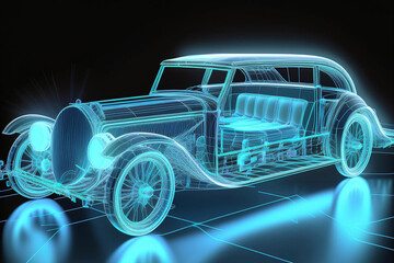 photograph of an old car on a wooden floor with a dark background