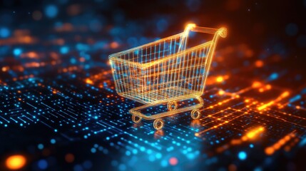 Abstract digital data flowing into a glowing shopping cart icon, sleek futuristic Cyber Monday style