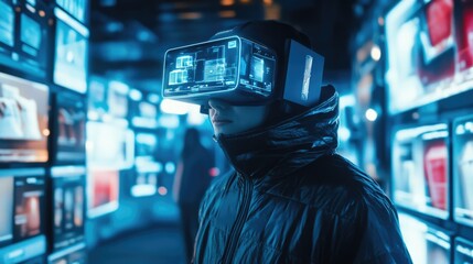 Person wearing VR headset with holographic products for Cyber Monday shopping experience