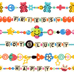 Plastic bracelet seamless pattern. Threads with strung color beads, kids funky jewelry, hippy friendship accessories, wrapping paper cartoon flat style isolated tidy vector background
