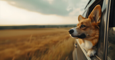Corgi dog with its head out of car window. Look at sunset over golden field. Pet travel and calm moments concept. For travel blogs, pet care advertisements or nature content. With copy space 