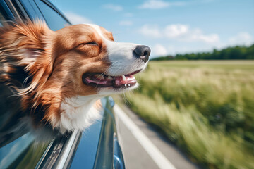 Happy corgi dog enjoy fresh air with its head out of car window on sunny day. Pet travel, outdoor adventure and joyful moments concept. For travel blogs or pet advertisements. With copy space 
