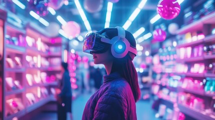 Person wearing VR headset with holographic products for Cyber Monday shopping experience