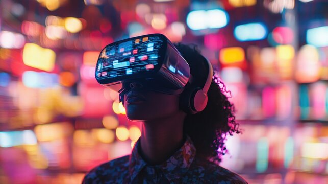 Person wearing VR headset with holographic products for Cyber Monday shopping experience