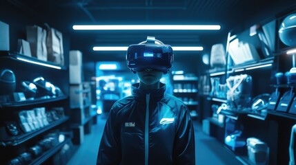 Person wearing VR headset with holographic products for Cyber Monday shopping experience