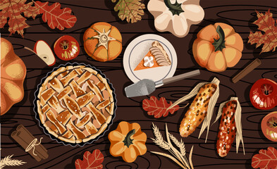 Thanksgiving Day table, dinner concept. Autumn leaves, pumpkin pie, apples and plates on the wooden background. Vector illustration for postcard, banner, card, poster, background.