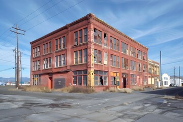 Fototapeta premium Abandoned Red Brick Building with Overgrown Surroundings