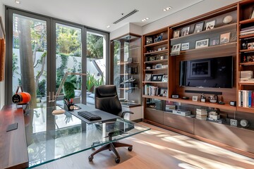 Elegant home office with a sleek glass desk, a comfortable ergonomic chair, and a wall of built-in shelves. Natural light creates a productive environment.