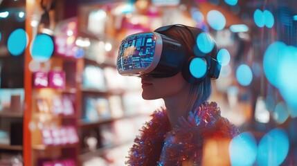 Person wearing VR headset with holographic products for Cyber Monday shopping experience