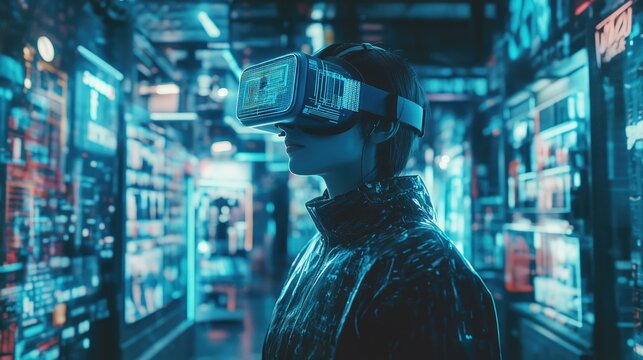 Person wearing VR headset with holographic products for Cyber Monday shopping experience