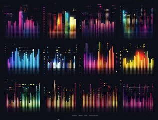 set of colorful music equalizer waveforms in a vibrant digital display for audio visualization and sound design