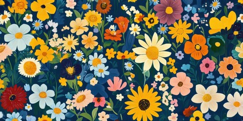 Whimsical garden pattern featuring colorful floral design for home decor.