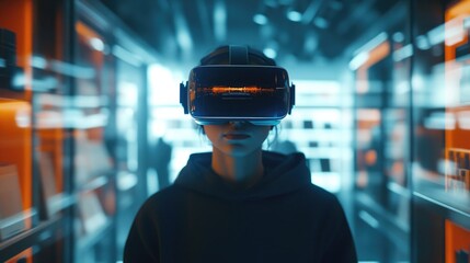 Person wearing VR headset with holographic products for Cyber Monday shopping experience