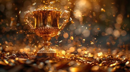 gold winners sports cup on festive golden background with confetti, design trophy, Golden symbol of winner, sport competition, championship concept