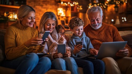 Family browsing Cyber Monday deals on laptops and phones, cozy home setting, cheerful mood