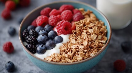 Overhead Shot of a Nutritious Breakfast Bowl with Yogurt, Fresh Berries, Granola, and Cereal, Paired with a Glass of Milk, Perfect for a Healthy Start to the Day