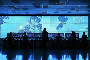 Team of analysts working late at night in system control room with big digital screens showing data, infographics and maps