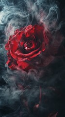 Red rose surrounded by mist, dramatic close