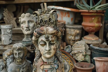 Fototapeta premium A Collection of Intricate Sculptures and Terracotta Pots in a Rustic Setting