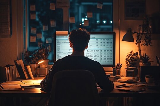 Businessman works late in his office, analyzing data on his computer screen with determination and focus, surrounded by city lights and the pressure of finance