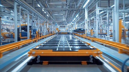 Electric vehicle lithium battery pack glides on a conveyor belt through a car factory, showcasing advanced technology and efficient production