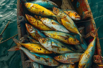 A Bounty of Colorful Fish in a Rustic Boat