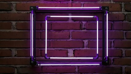 Obraz premium An image of a pink rectangular neon wall frame on a pale red brick wall