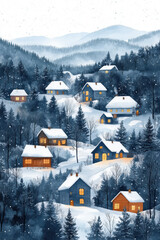 Watercolor beautiful winter village pattern, faded soft blue color.