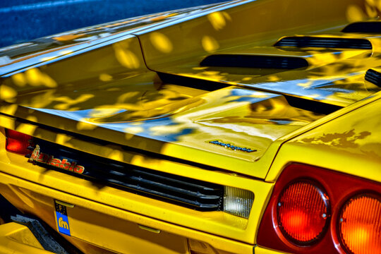 Lamborghini Diablo parked in a parking, around Chambery, in septembre 2014 20th. The model was produced between 1990 and 2001. Rear view.